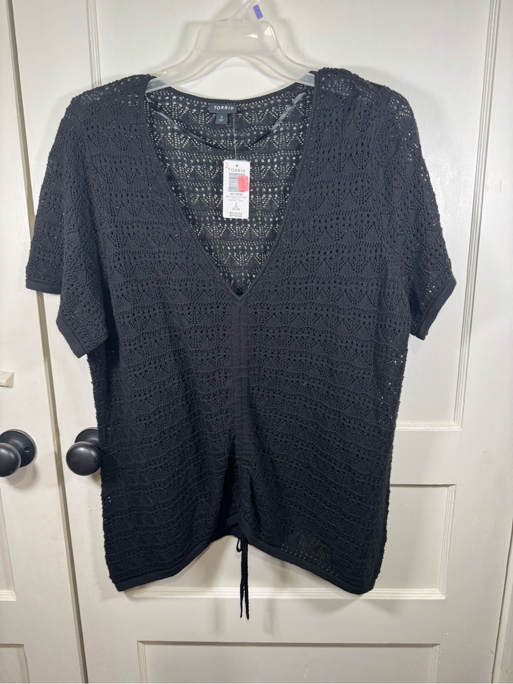 torrid Black Pointelle Knit V-Neck Drawstring Top, New ,‎ Torrid Sz 3 (22/24)